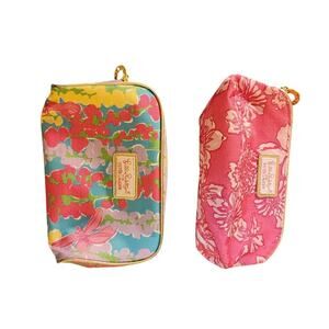Two Lilly Pulitzer for Estee Lauder PINK Floral Cosmetic Bag Gold Trim Travel